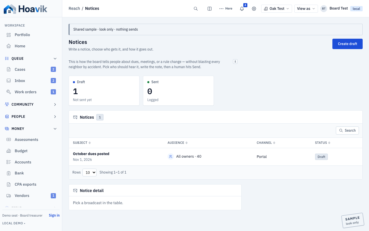Notices on the sample association desk — draft on text, email, and letter before anyone receives it.