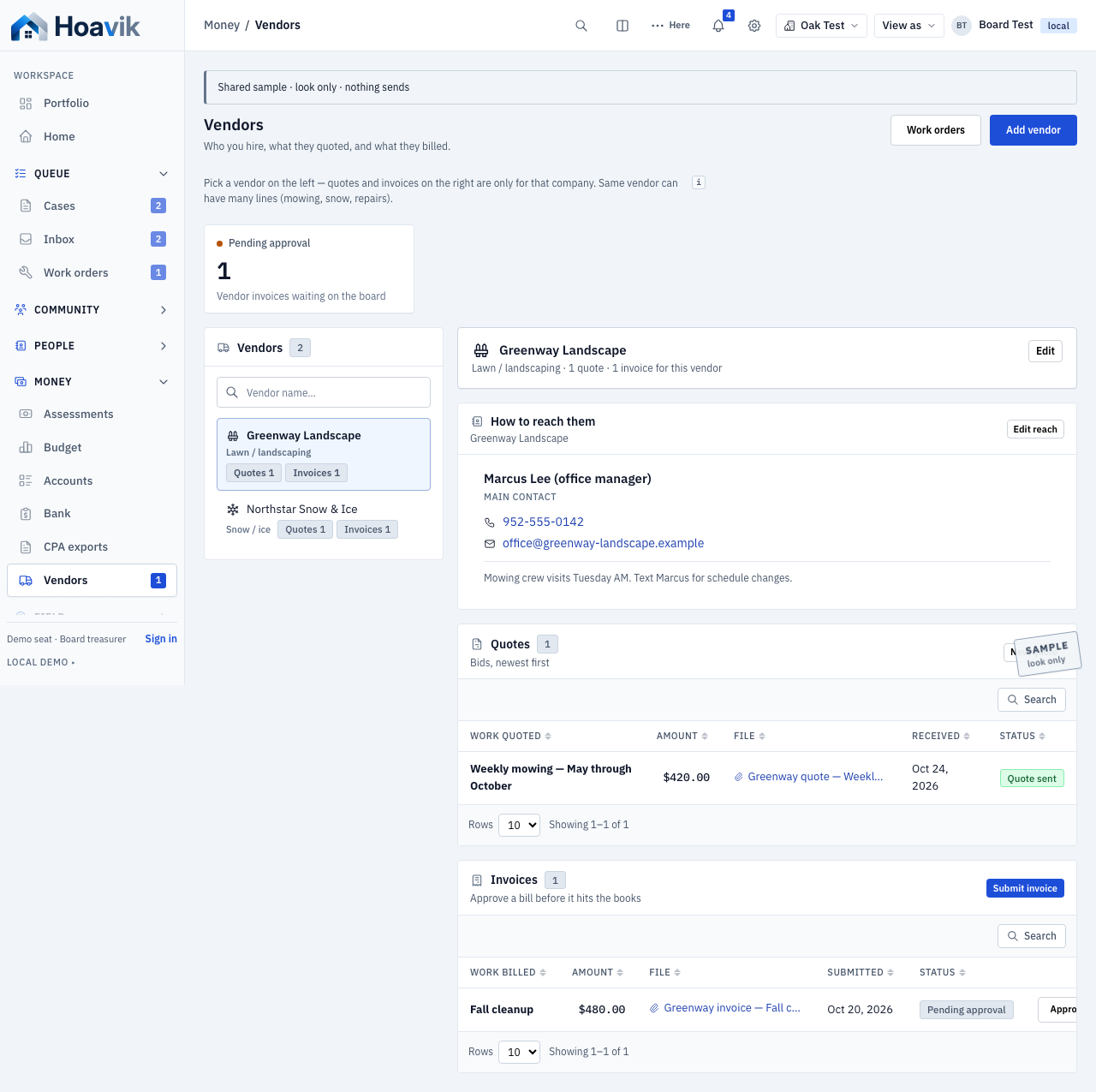 Vendors on the sample association desk — agreement, invoice, and work on one record.